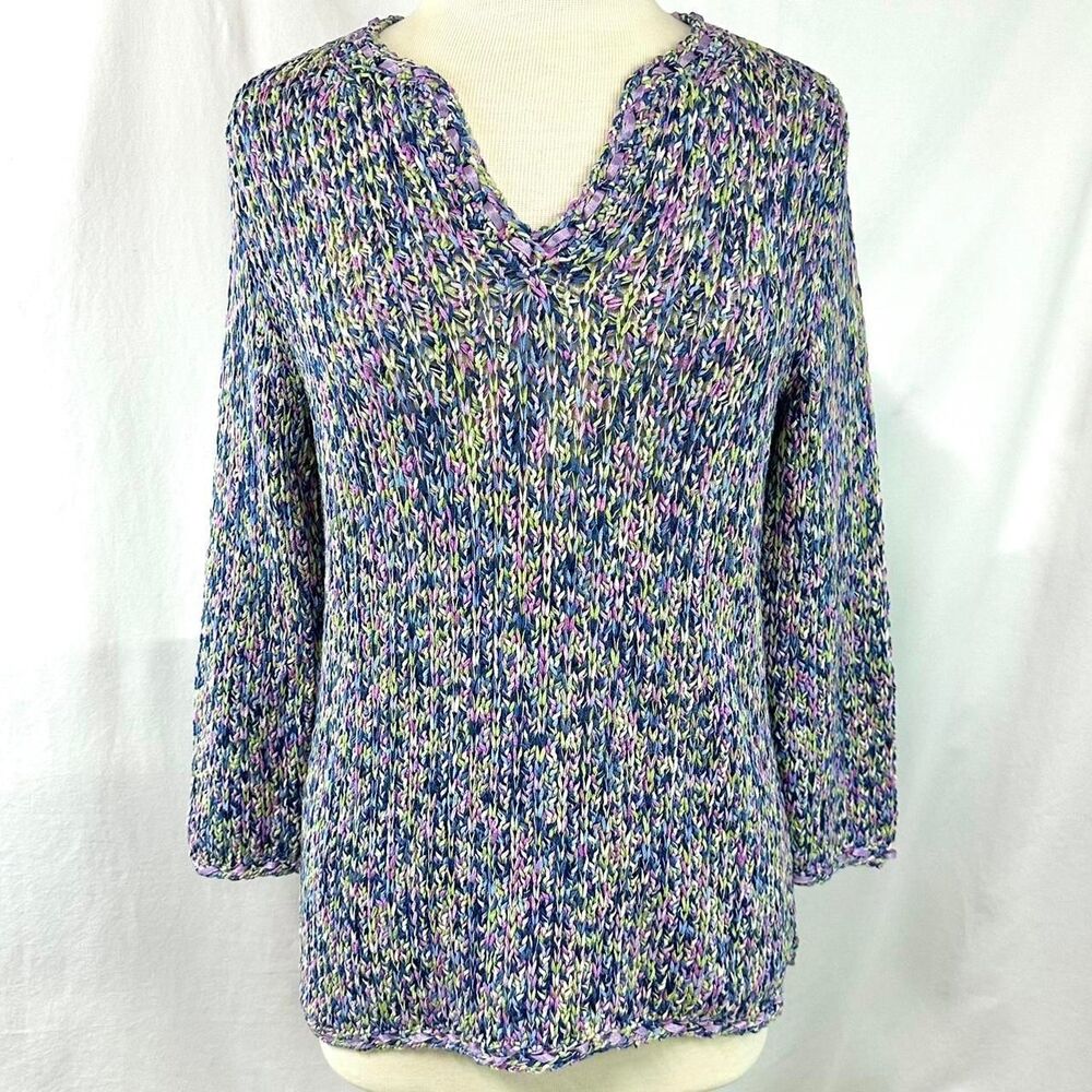 SIGRID OLSEN 100% Cotton Rainbow Knit V Neck Sweater Women's M Petite Retro 90s